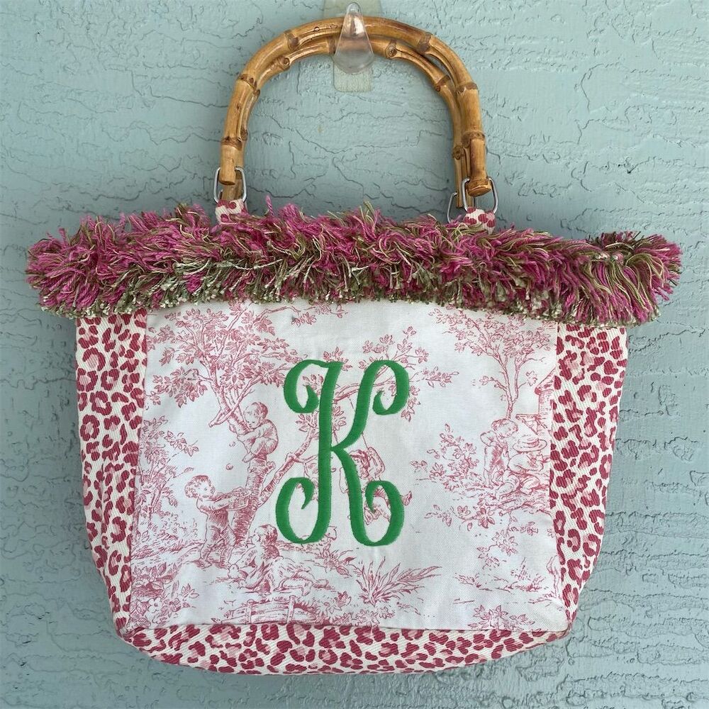 Palm Beach Tote Tropical Tote Red Toile de Jouy Handbag Initial K
